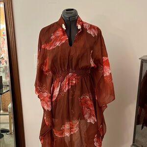 Vintage Kaftan in Sheer Brick Red and orange Feather Print from 1970s Morocco S